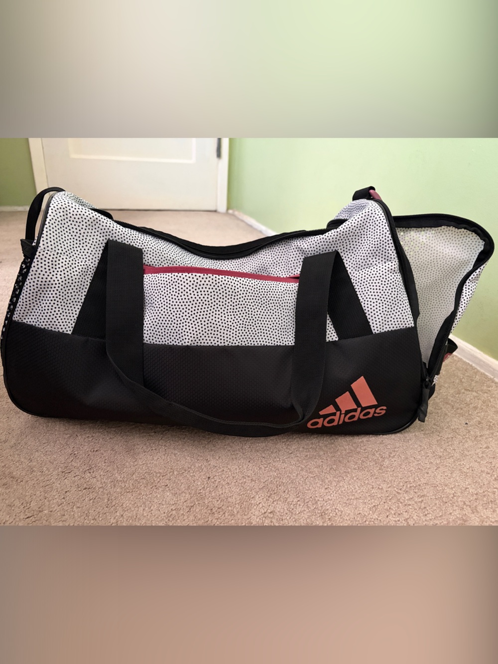 adidas Black & White Duffel/Gym bag with Coral Logo Stripe